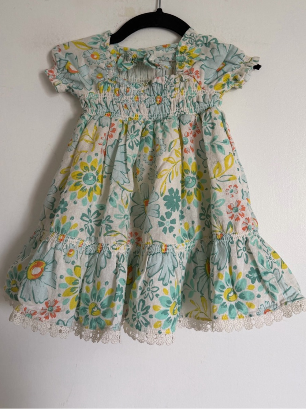 Joie Baby Teal/Yellow Floral Tiered Ruffle Dress size 12M EUC - Picture 3 of 4